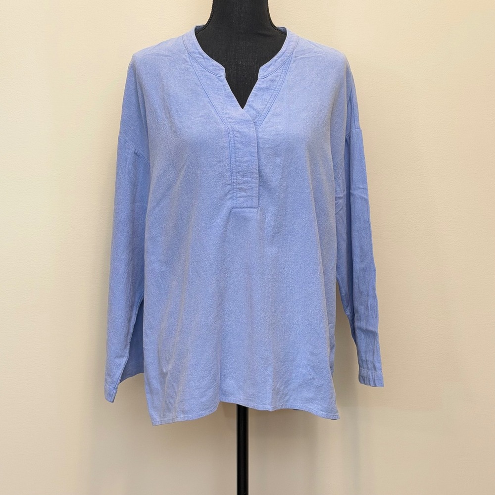 Soft Surroundings Blue 100% Cotton Split Neck Tunic Top LongSleeve Women M Beach